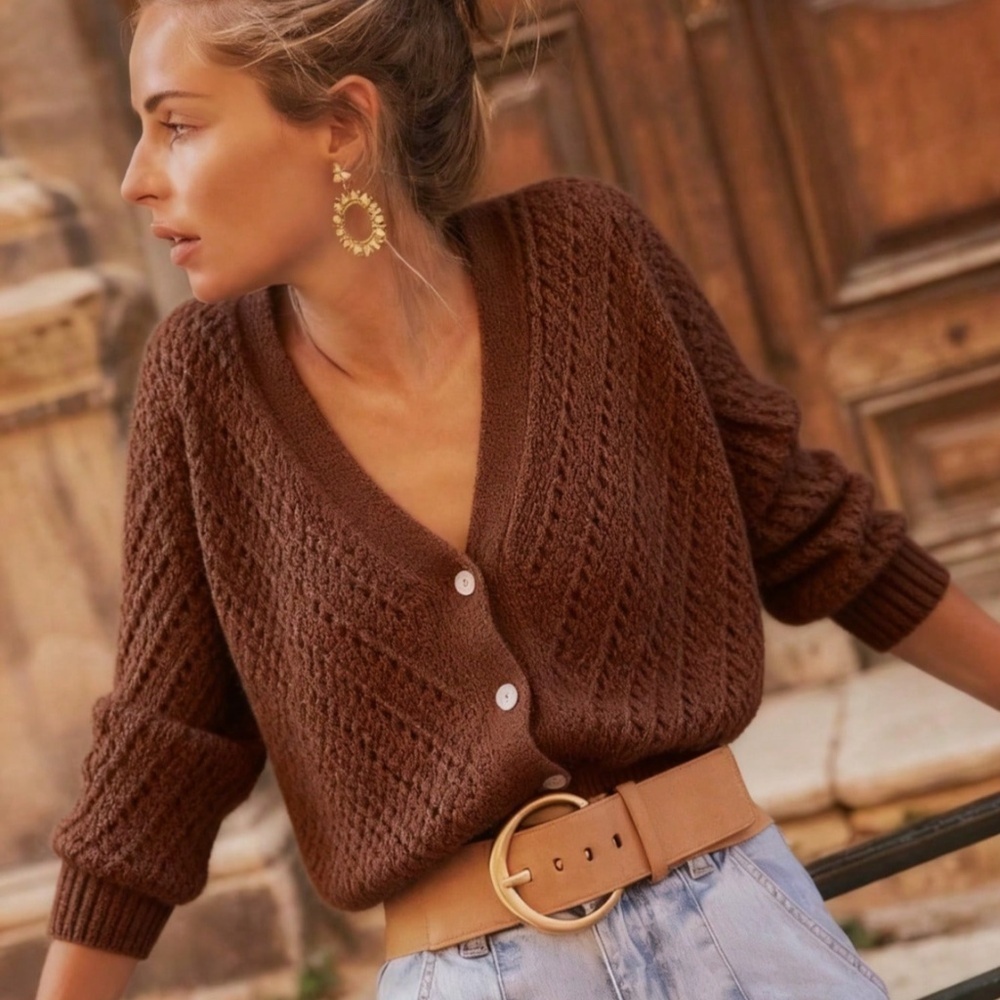 V-Cut Buttoned Down Brown Knit Cardigan Textured, Long Sleeve